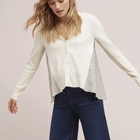 Anthropologie Moth Mixed Media Swing Cardigan Sweater Womens L Striped Boho - Picture 1 of 7
